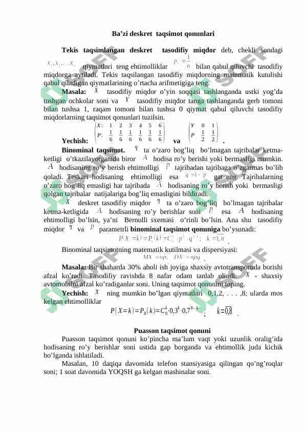 Ba’zi deskret  taqsimot qonunlari 1