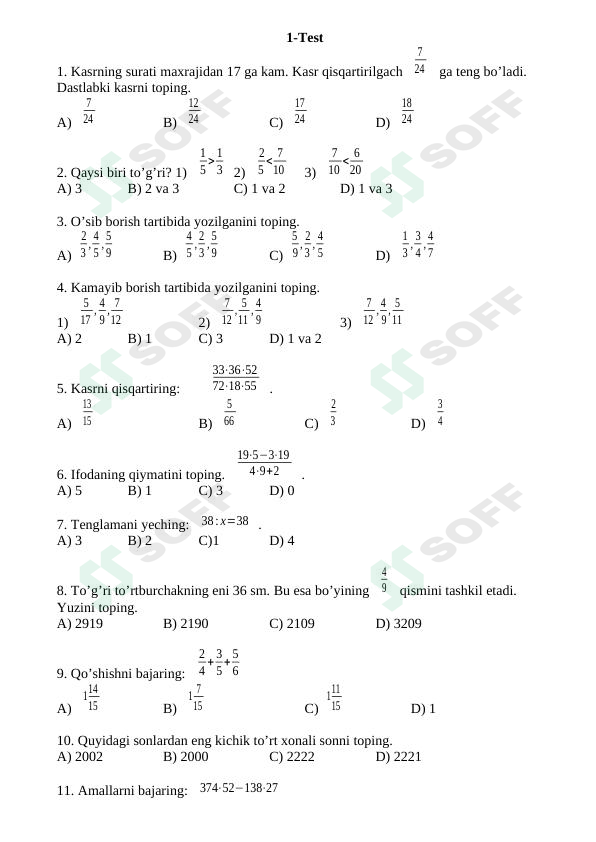 Matematika fanidan testlar 1