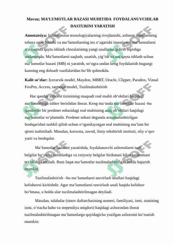 MA’LUMOTLAR BAZASI MUHITIDA  FOYDALANUVCHILAR DASTURINI YARATISH 1