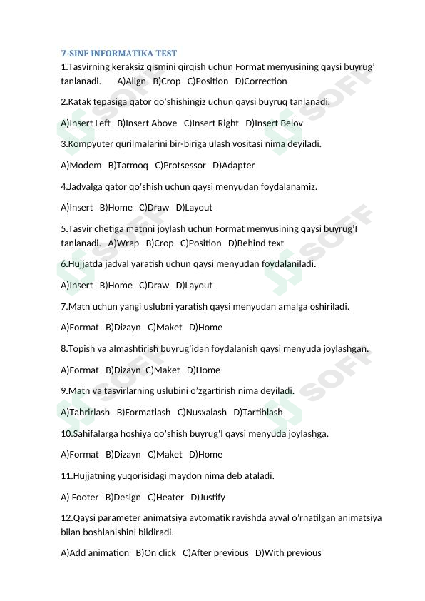 7-sinf informatika testlar 1