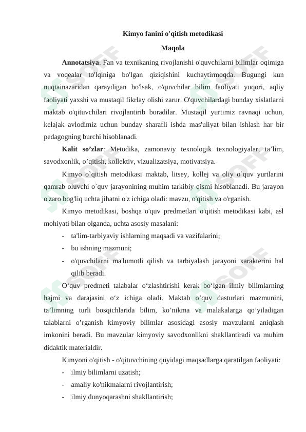 Kimyo fanini o'qitish metodikasi 1