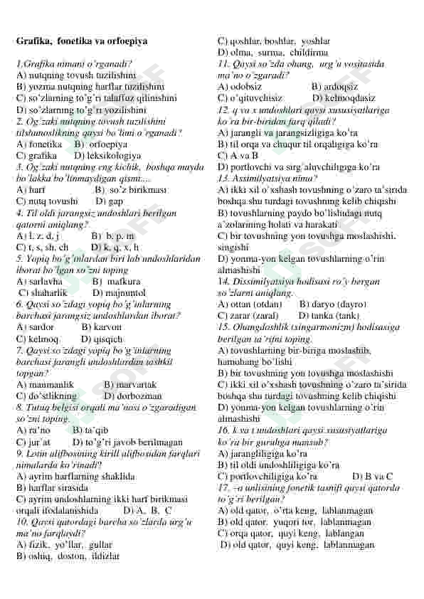 Ona tili fanidan testlar to'plami 2