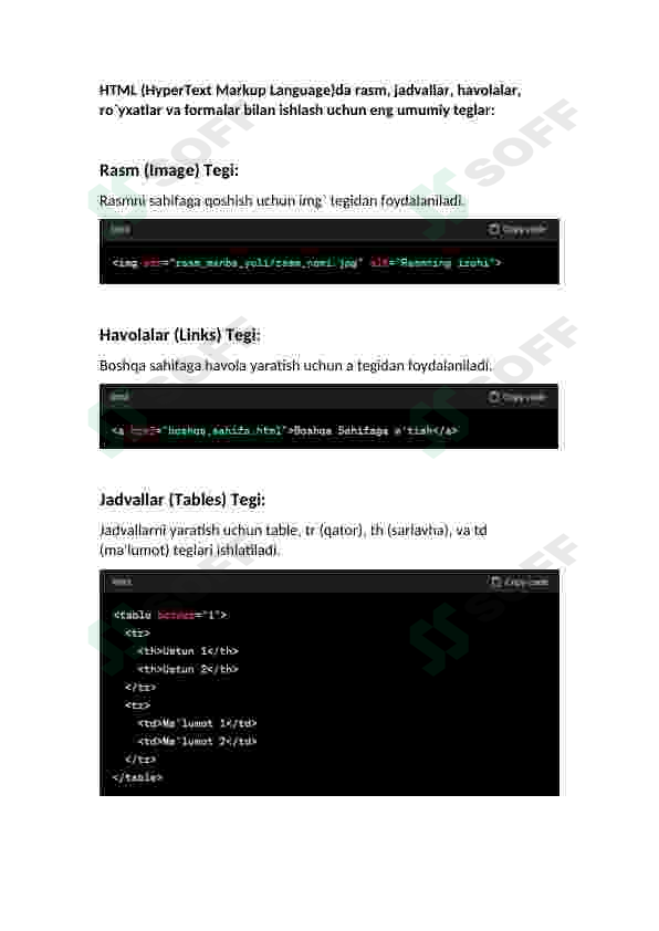 HTML da rasm va jadvallar bilan ishlash teglari. 2