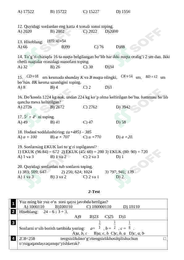 Matematika fanidan testlar 2