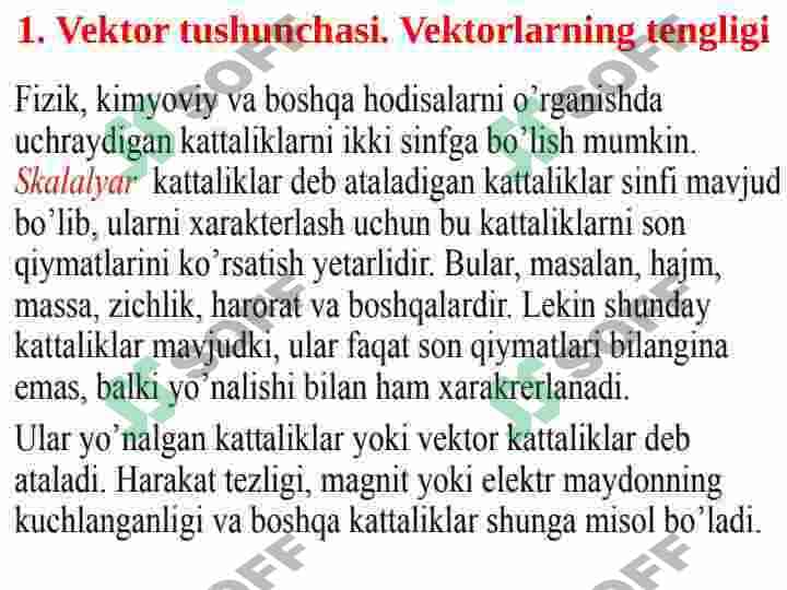Vektorlar va ularning ayrim xossalari. Skalyar, vektor va aralash ko'paytmalar va ularning xossalari. Vektorlar algebrasining amaliy qo'llanilishi. 3