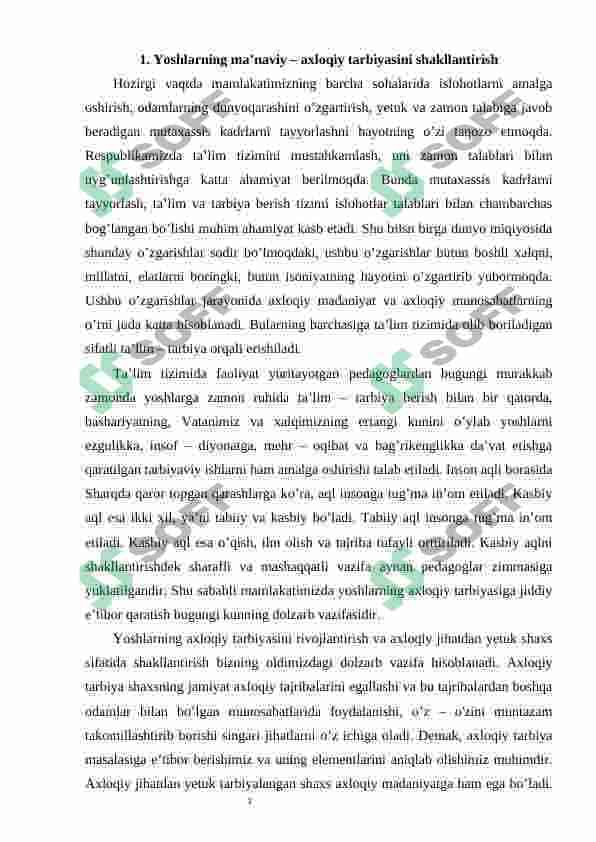 O'zbekiston Respublikasi prezidenti Shavkat Mirziyoyevning yangi O'zbekiston taraqqiyoti strategiyasi kitobida O'zbekiston yoshlarining diniy manbalardagi axloqiy tarbiyaga oid g'oyalarni o'rganishning ahamiyati 3