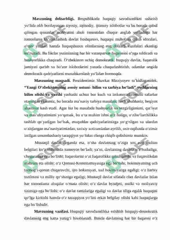 O'zbekiston Respublikasida demokratik huquqiy davlat qurish va fukarolik jamiyatini shakllantirish sharoitida davlat funksiyalarining o'zgarishi va yangilanishi 3