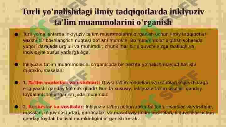 Turli yo'nalishdagi ilmiy tadqiqotlarda inklyuziv ta'lim muammolarini o'rganish 4