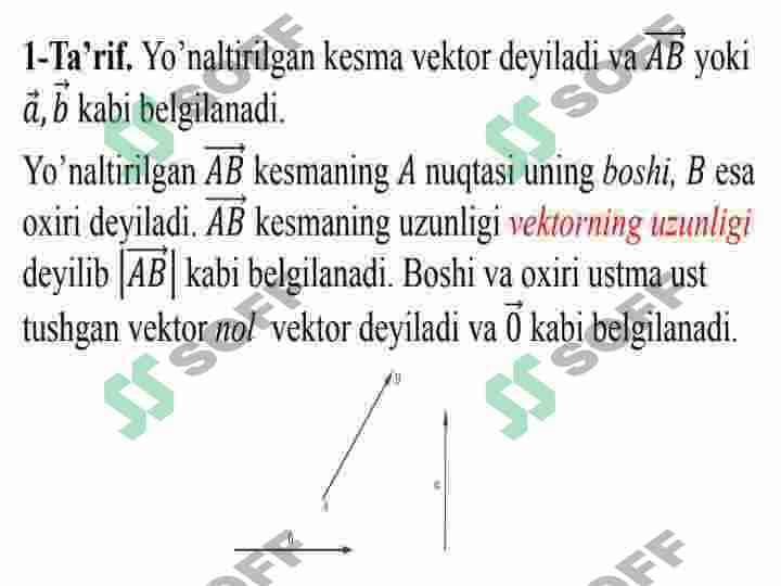 Vektorlar va ularning ayrim xossalari. Skalyar, vektor va aralash ko'paytmalar va ularning xossalari. Vektorlar algebrasining amaliy qo'llanilishi. 4