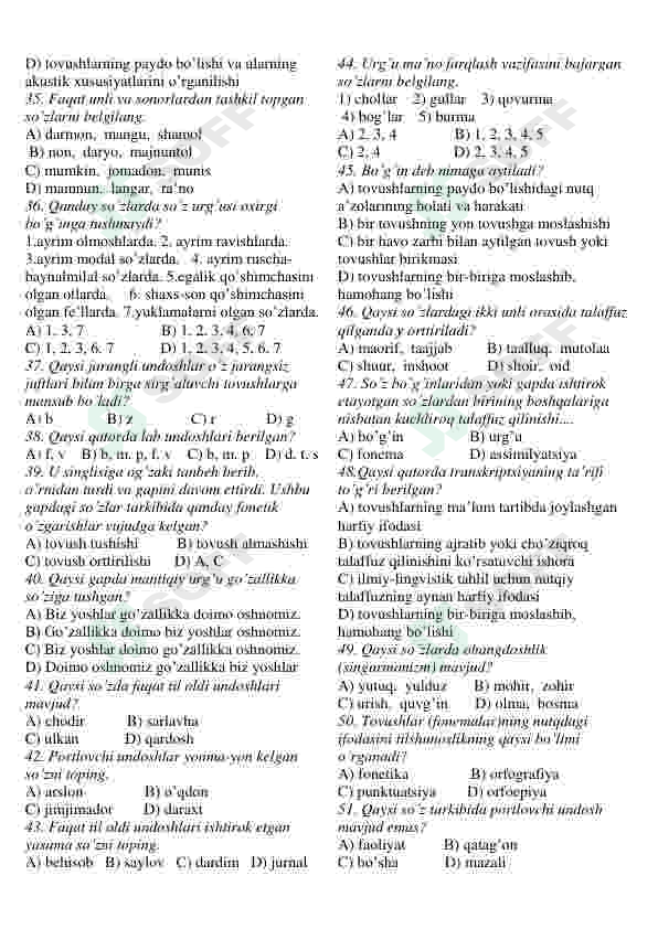 Ona tili fanidan testlar to'plami 4