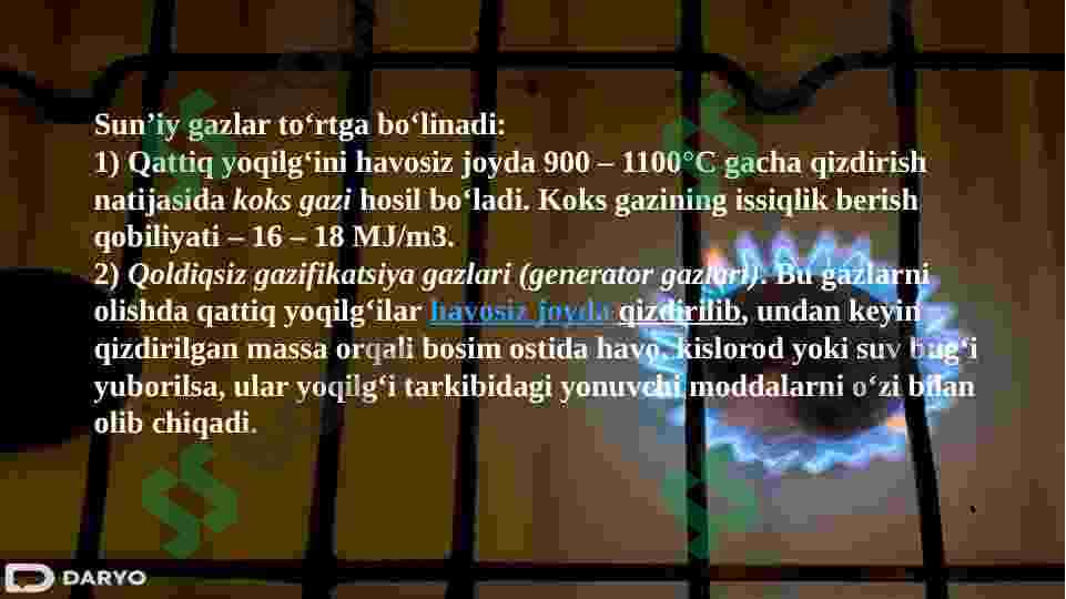 Tabiiy va sun’iy gazlar.        Tabiiy va sun’iy gazlar. Sun’iy gazlarni olish usullari. Koks va generator gazlari. Gazlashtirish 4