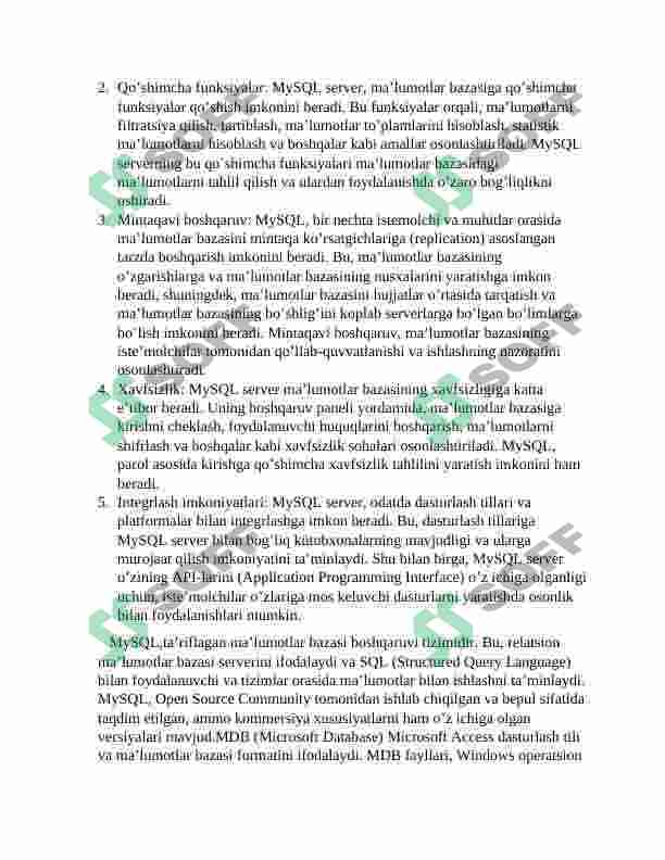 MYSQL SERVER VA UNING IMKONIYATLARI 4