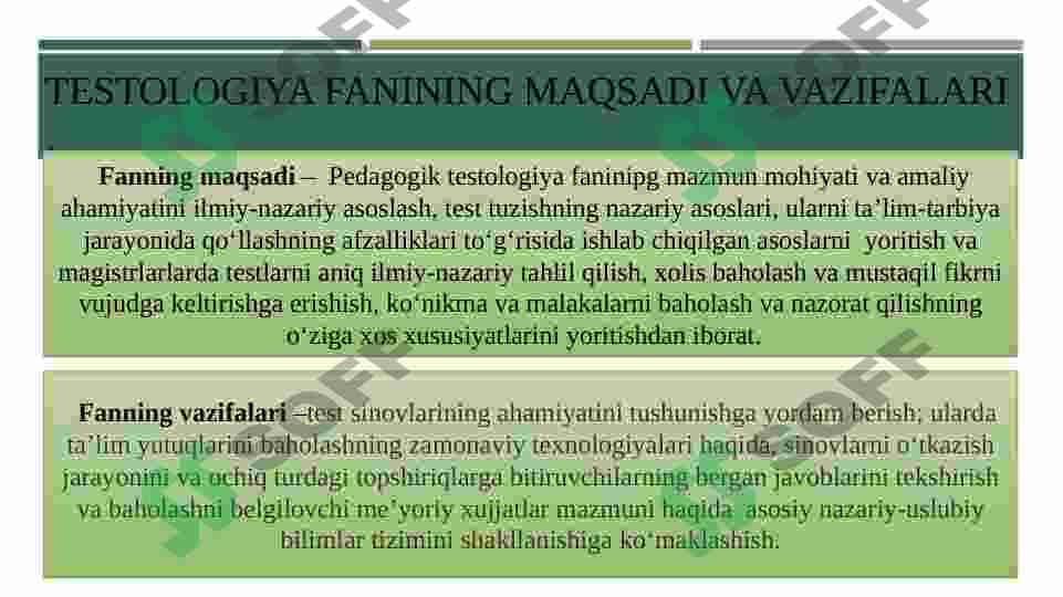 Testalogiya fanining metodologik asoslari. Nostandart test-pedagogik kvalimetriya nazorat va baholash texnologiyasi sifatida 4
