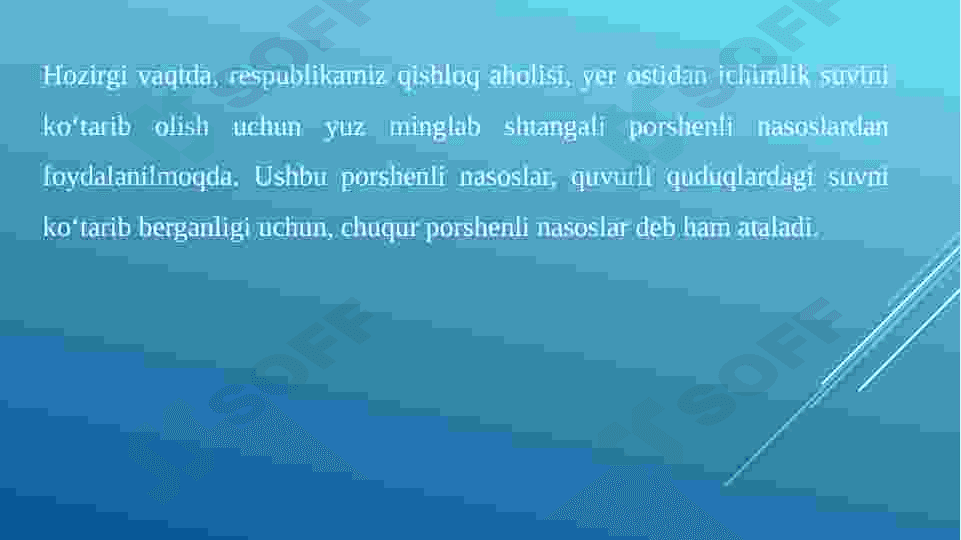 Yer osti suvlarini olish uchun mo‘ljallangan nasos stansiyalari. 5