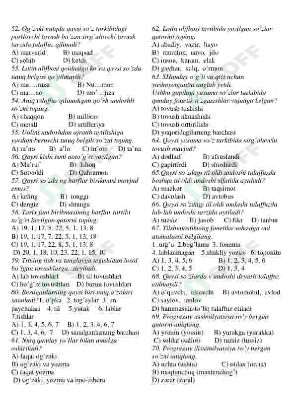 Ona tili fanidan testlar to'plami 5