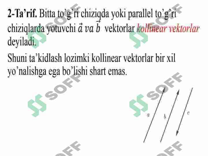 Vektorlar va ularning ayrim xossalari. Skalyar, vektor va aralash ko'paytmalar va ularning xossalari. Vektorlar algebrasining amaliy qo'llanilishi. 5