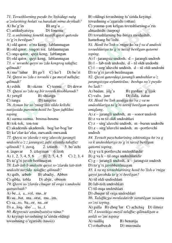 Ona tili fanidan testlar to'plami 6