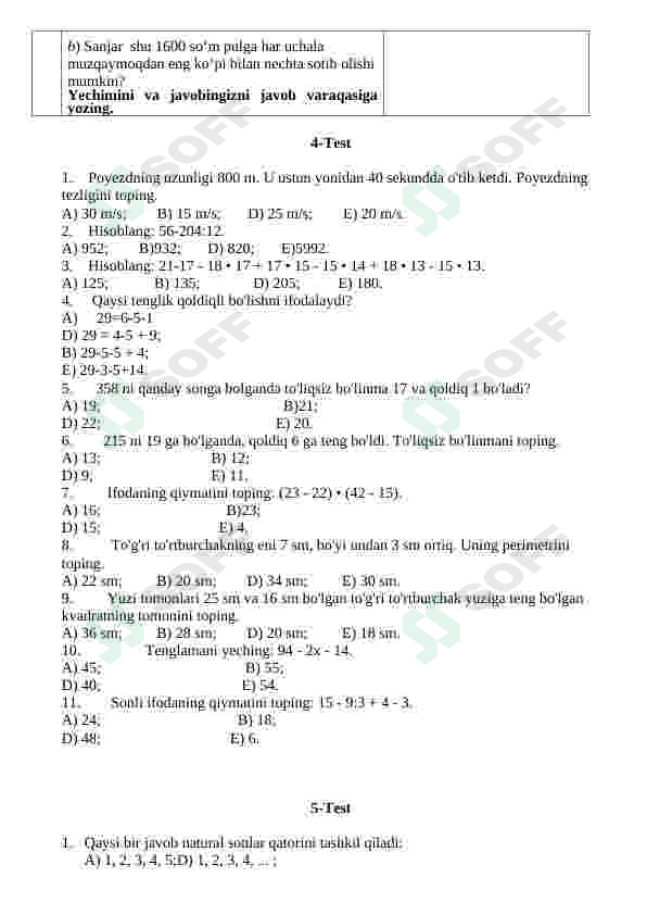 Matematika fanidan testlar 6
