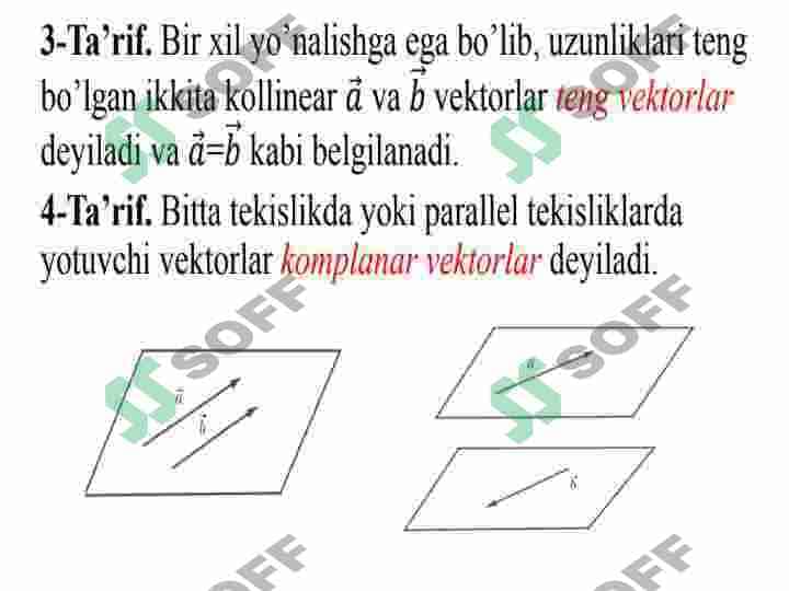 Vektorlar va ularning ayrim xossalari. Skalyar, vektor va aralash ko'paytmalar va ularning xossalari. Vektorlar algebrasining amaliy qo'llanilishi. 6