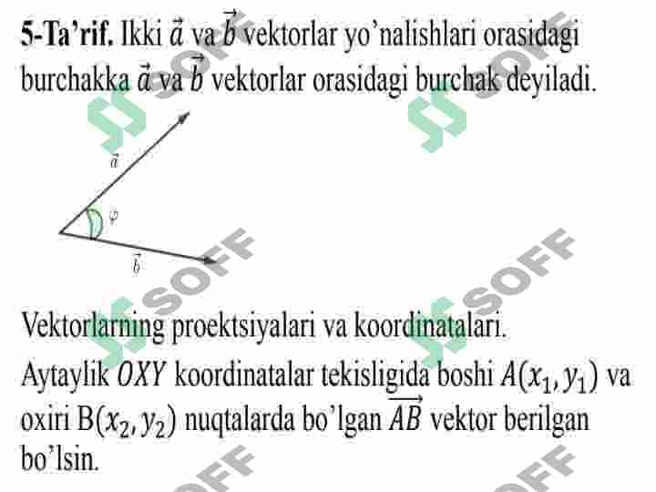 Vektorlar va ularning ayrim xossalari. Skalyar, vektor va aralash ko'paytmalar va ularning xossalari. Vektorlar algebrasining amaliy qo'llanilishi. 7