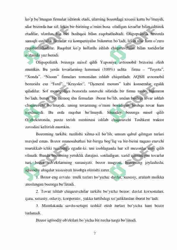 Bozor tushunchasi, uning vazifasi va turlari. 7