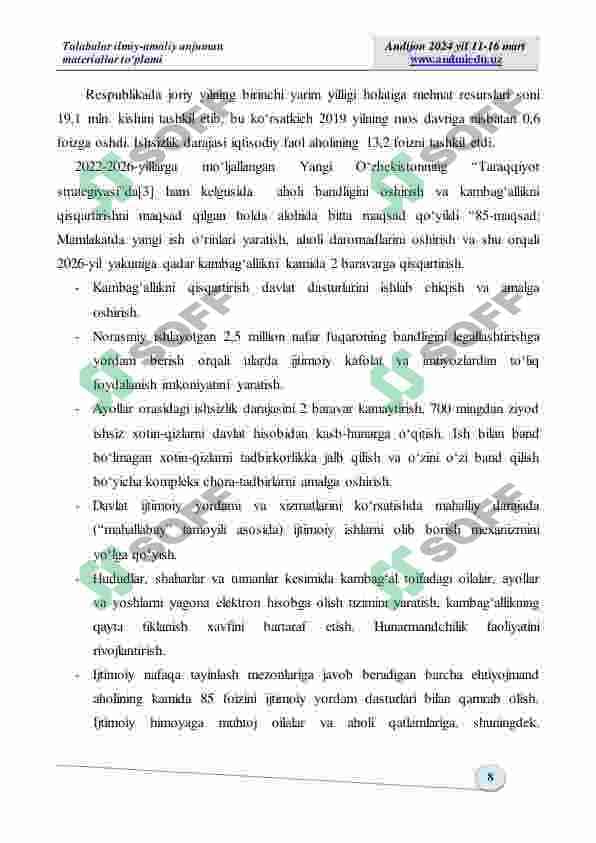 "Yangi Oʻzbekistonning istiqbolli yoshlari" mavzusida talabalar ilmiy-amaliy anjuman materiallar toʻplami 8