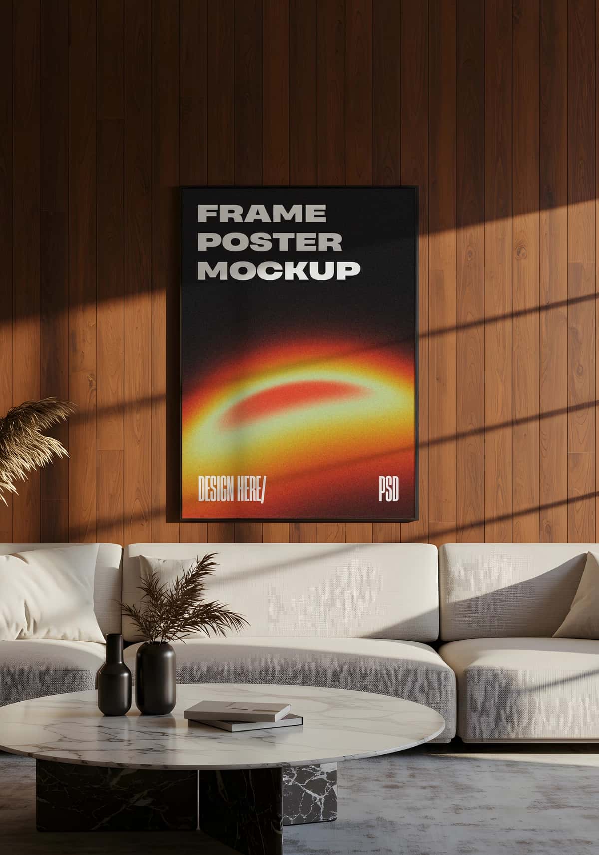 Ramkali plakat maketi bilan zamonaviy yashash xonasining ichki qismi | Modern living room interior with framed poster mockup 1