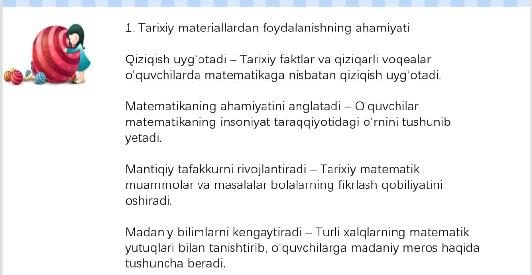 Boshlang’ich sinflarda matematikadan sinfdan tashqari  ishlarda tarixiy materiallardan foydalanish. 1