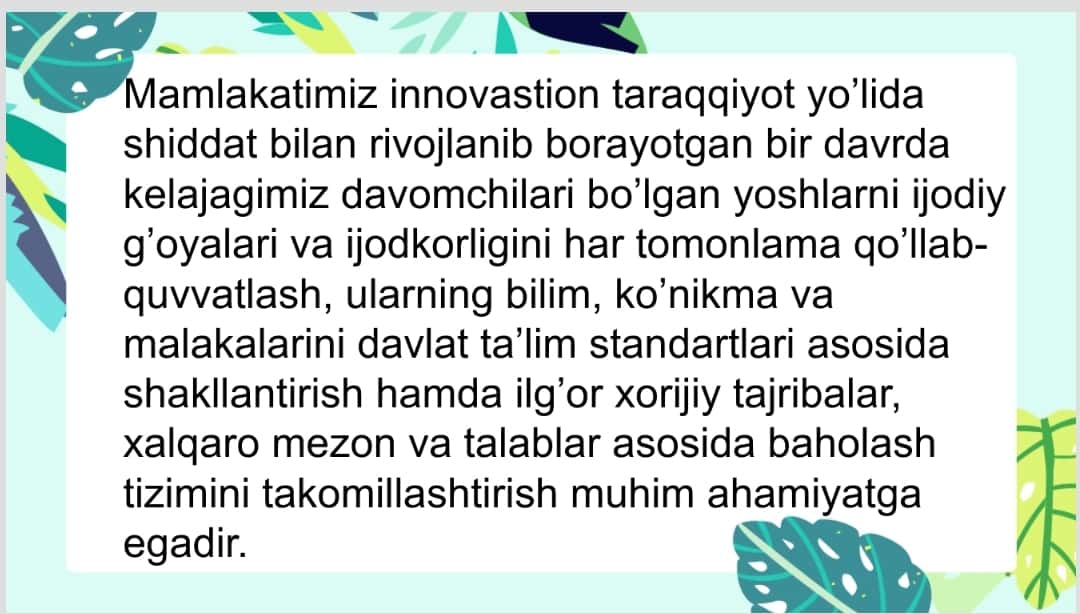 Milliy o’quv dasturi(M1,M2,M3,M4) kompetensiyalar mazmuni.O’tkazilgan xalqaro baholash dasturlarida taqdim etilgan topshiriqlar tahlili 1