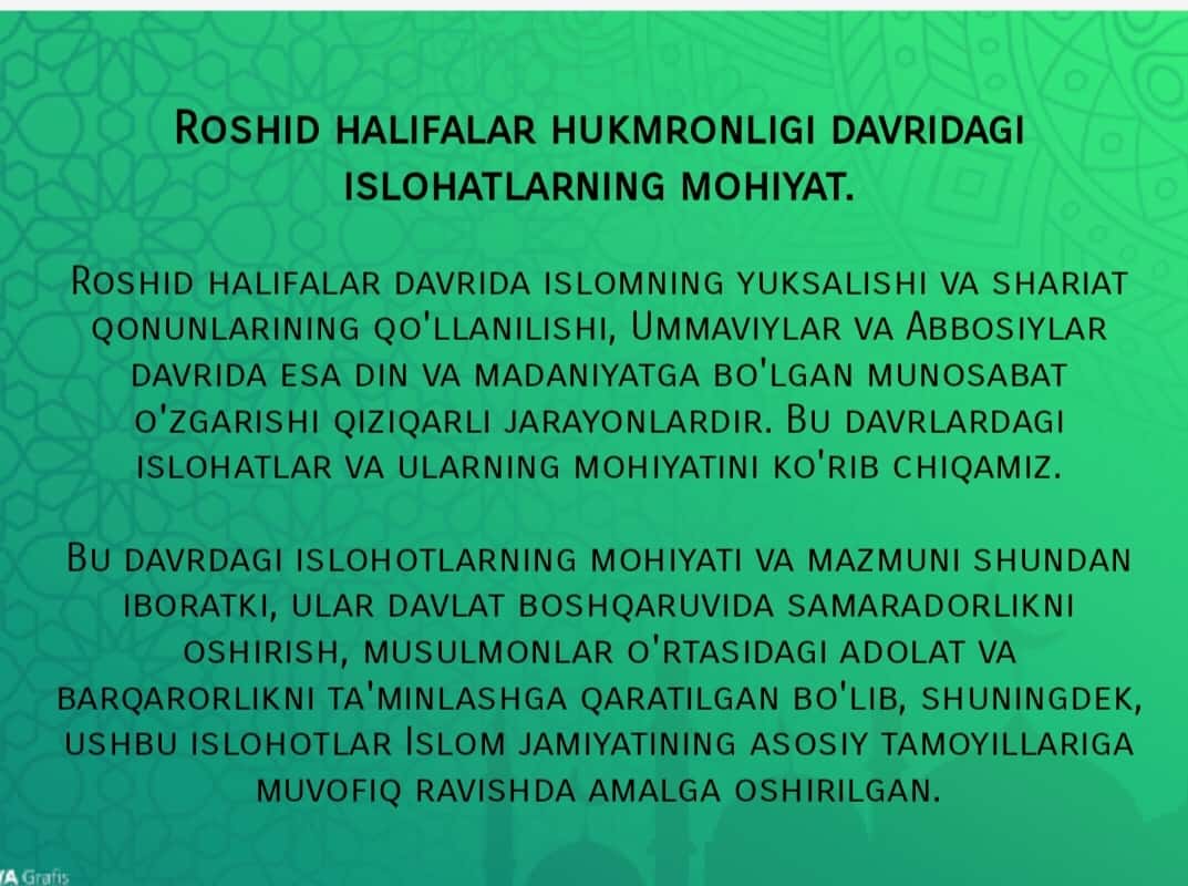 Roshid xalifalar hukmronligi davridagi islohotlar mohiyati. Ummaviylar va abbosiylar davrida dinga munosabat. 1