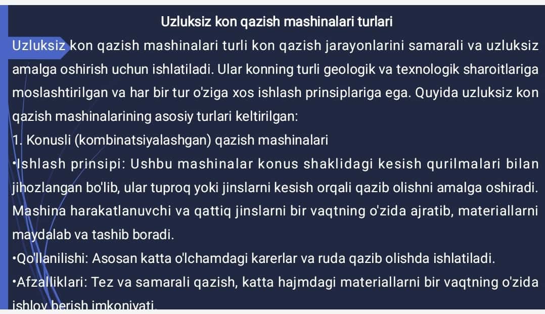 Uzluksiz ishlovchi kon qazish mashinalarining ishlash prinsiplari va qo'llanilish soxalari 1