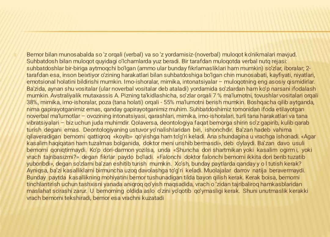 Patsient bilan vebral muloqat ko’nikmalari.patsient bilan novebral muloqat ko’nikmalari. Noverbal muloqat ahamiyati turlari . 1