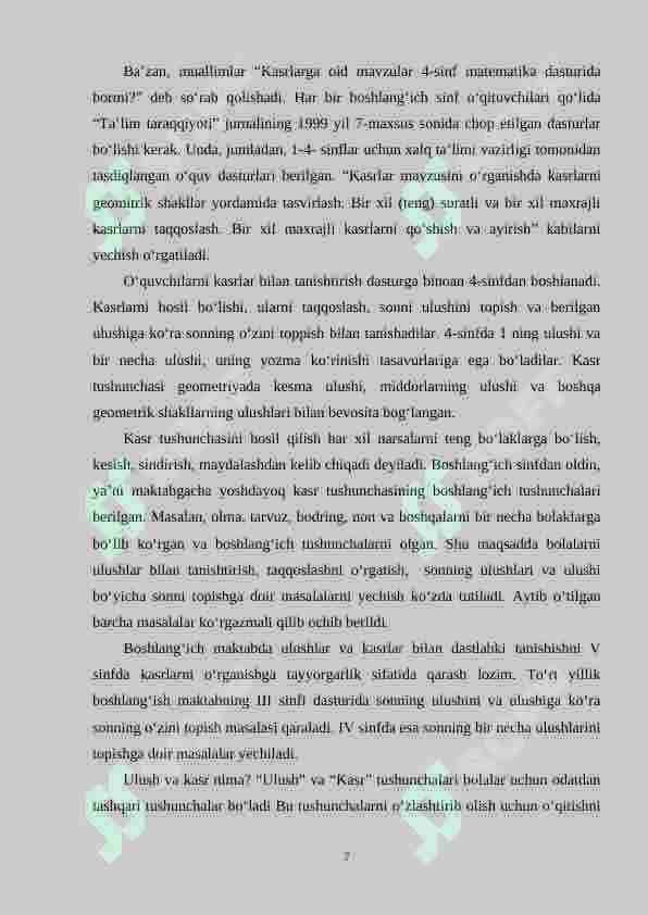 Boshlang‘ich sinflarda ulushlar va ularning nazorat asosi ularni o‘rganish metodikasi 7