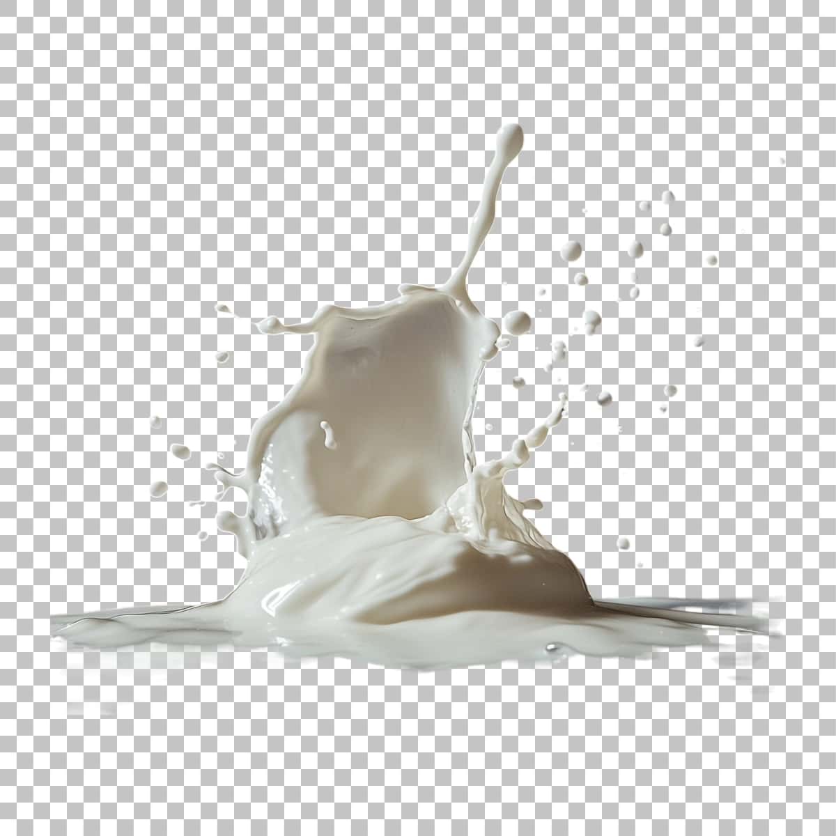 Shaffof fonda ajratilgan tomchilar bilan haqiqiy sut chayqalishi | Realistic milk splash with droplets isolated transparent background 1