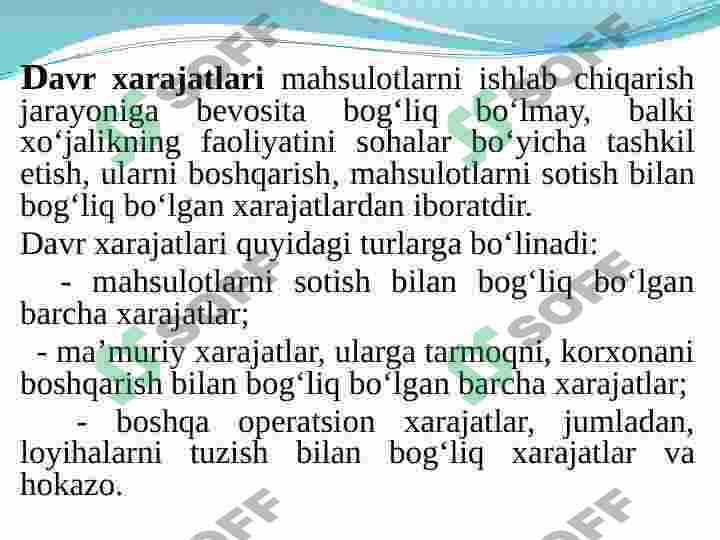 KORXONALARDA ISHLAB CHIQARISH XARAJATLARI VA  MAHSULOT TANNARXI 6