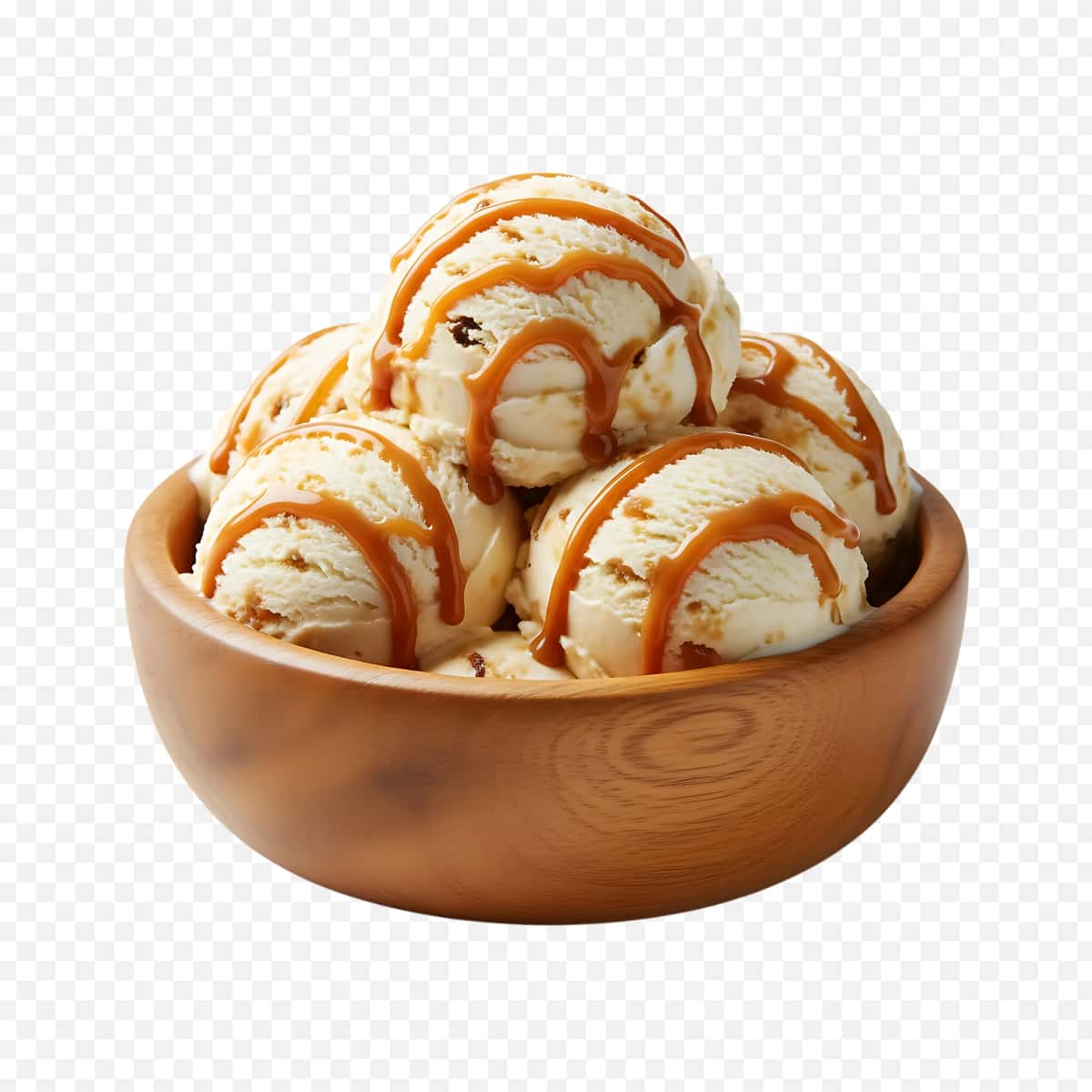 Mazali karamelli muzqaymoq qoshiqlari yog'och piyola | Delicious caramel drizzled ice cream scoops wooden bowl 1