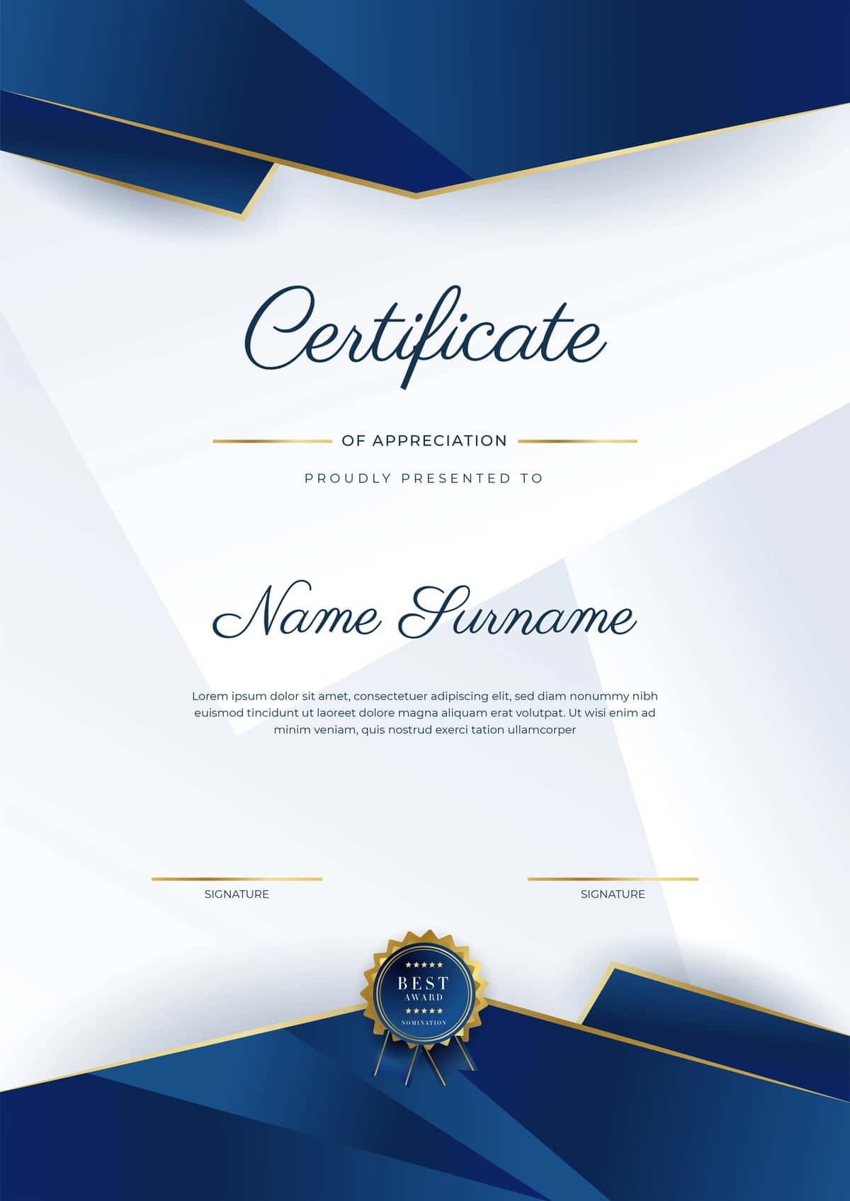Oltin bilan zamonaviy oqlangan ko'k oltin sertifikat yutuqlari shablon | Modern elegant blue gold certificate achievement template with gold 1