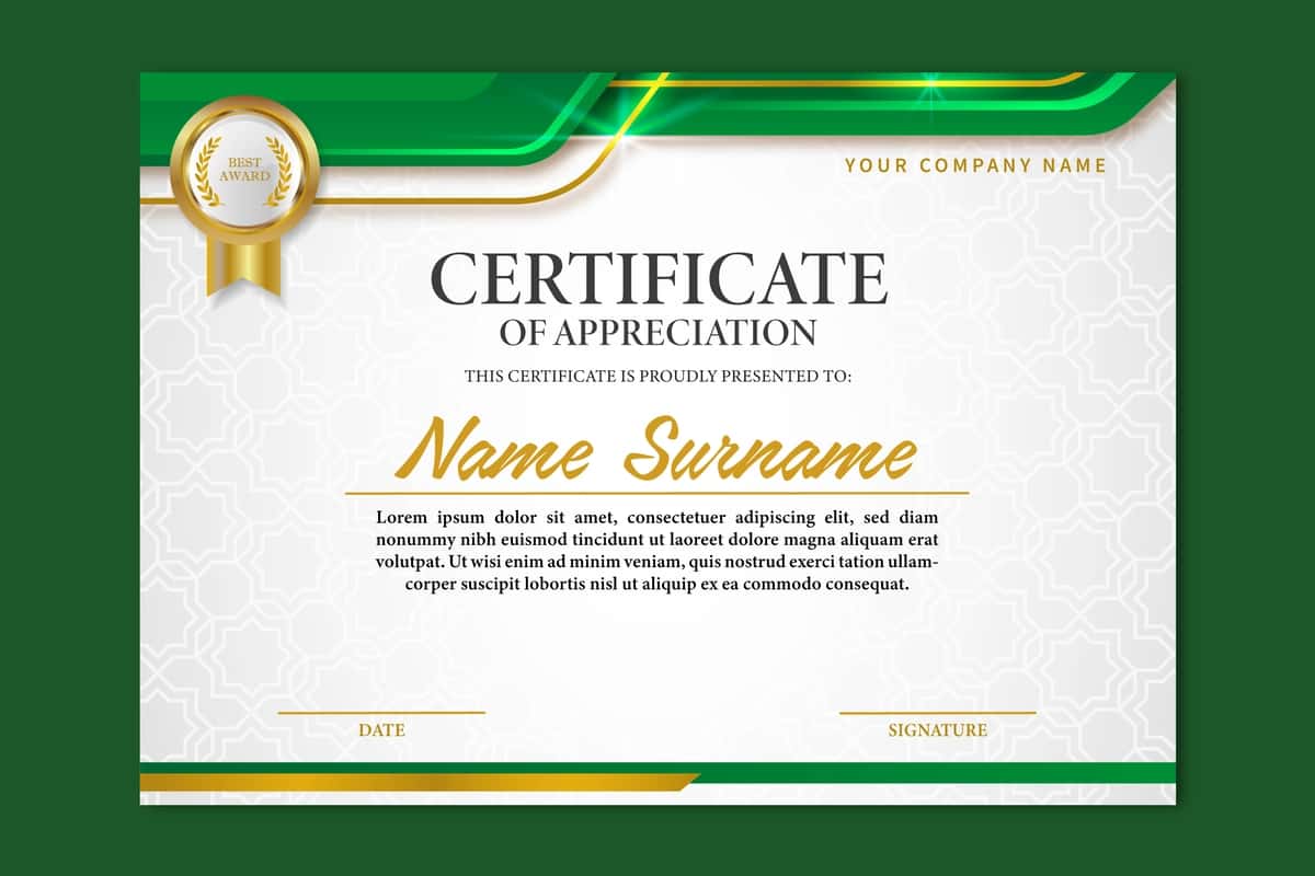 Sertifikatning minnatdorchiligi yashil oltin bilan ko'rsatilgan | Certificate appreciation is shown green gold 1
