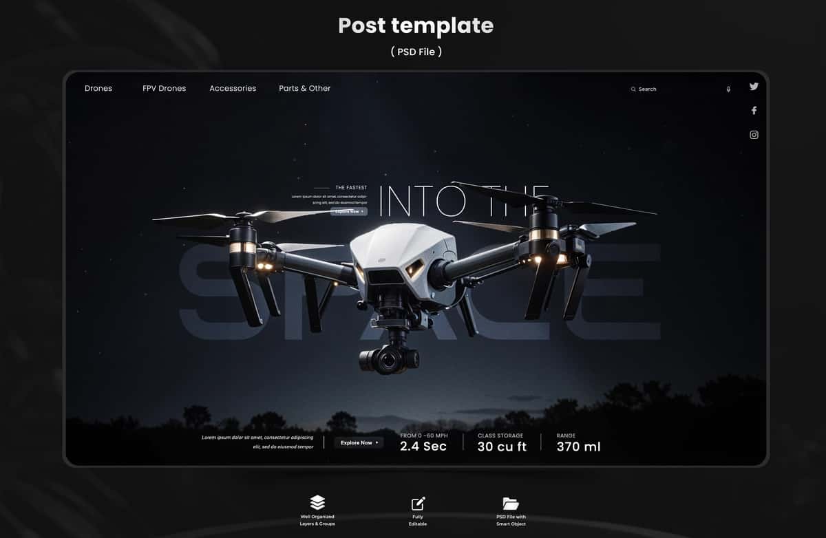 To'q fonli dron osmoni tushirilgan premium dron bannerlari | Premium drone banners with drone sky with dark background 1
