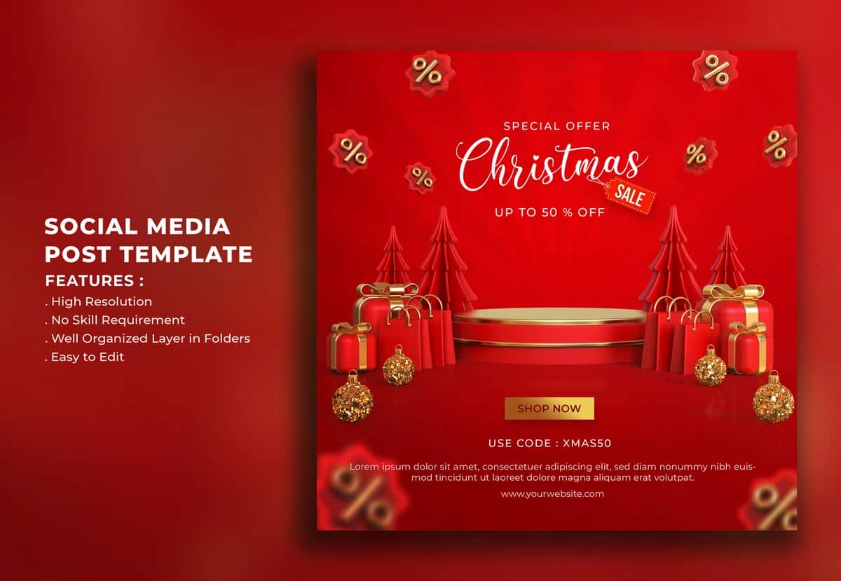 Haqiqiy 3D Rojdestvo sotuvi ijtimoiy media post shabloni | Realistic 3d christmas sale social media post template 1