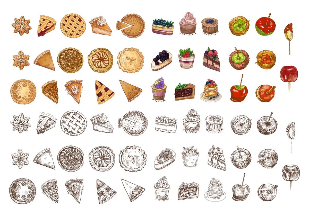 Qo'lda chizilgan vintage eskizlar to'plami piroglar tortlar xamir ovqatlar pechene ponchiklari | Hand drawn vintage sketch set pies cakes pastries cookies donuts 1