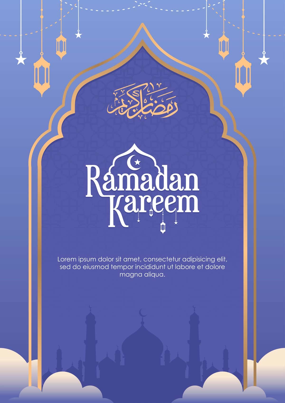 Masjid chiroqlari bilan Ramazon karim tabrik plakati | Ramadan kareem greeting poster with mosque lanterns 1