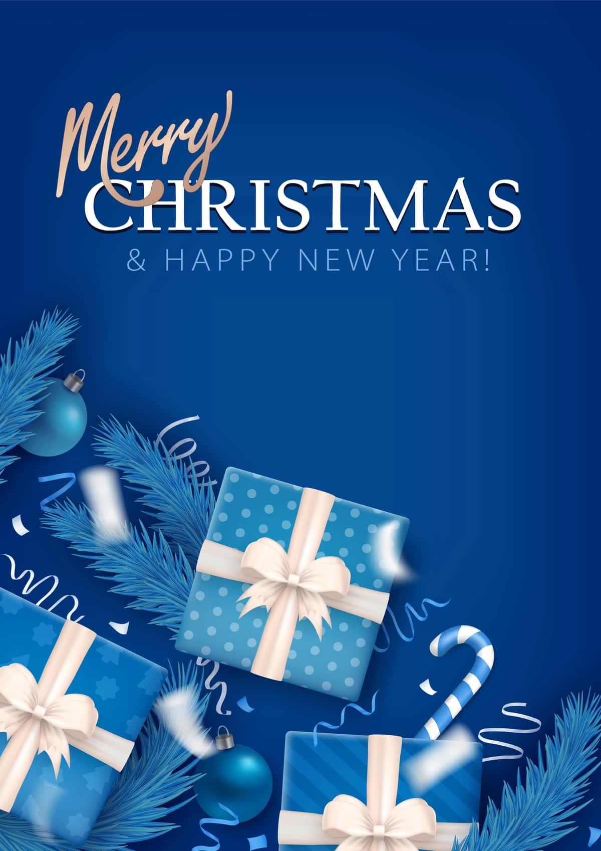 Rojdestvo bilan baxtli yangi yil vertikal tabrik kartasi ko'k bilan | Merry christmas happy new year vertical greeting card with blue 1