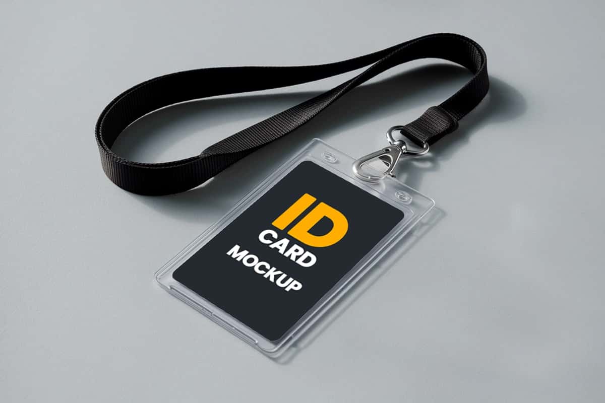 Toza yorug'lik fonida joylashtirilgan lanyardli professional identifikator kartasi maketi | Professional id card mockup with lanyard placed clean light background 1