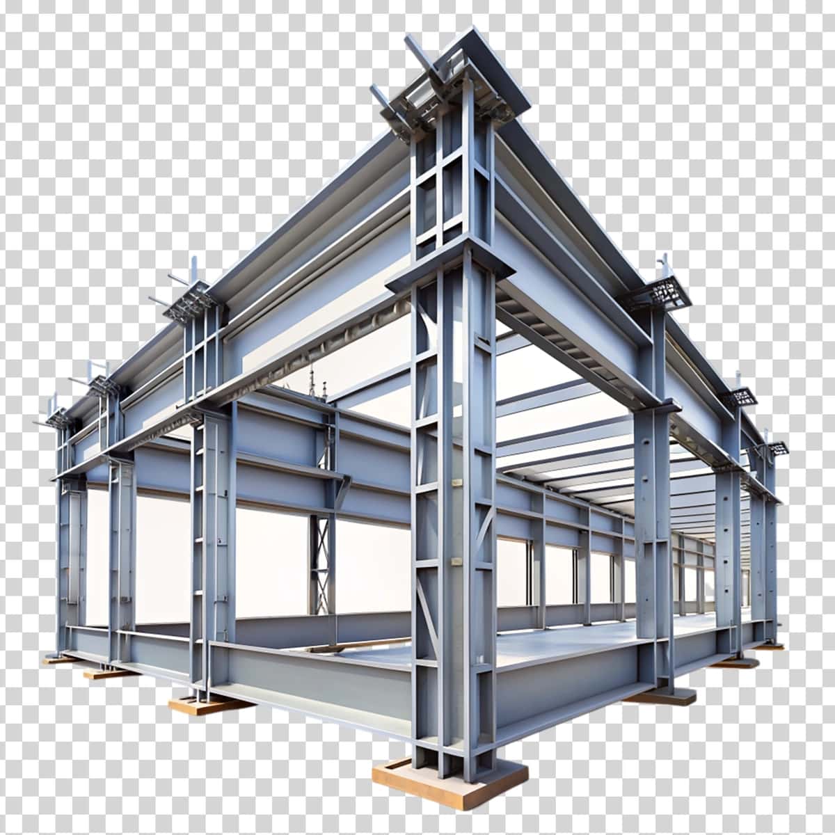 Moviy nurli metall bino shaffof fonni qo'llab-quvvatlaydi | Metal building with blue beams supports transparent background 1