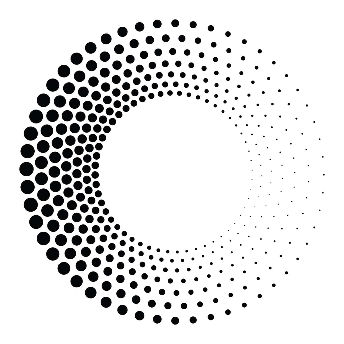 Qora dumaloq yarim tonli tekstura nuqtali radiusli aylanma tornado shaklidagi gradient | Black round halftone texture dotted radial swirl tornado shape gradient 1