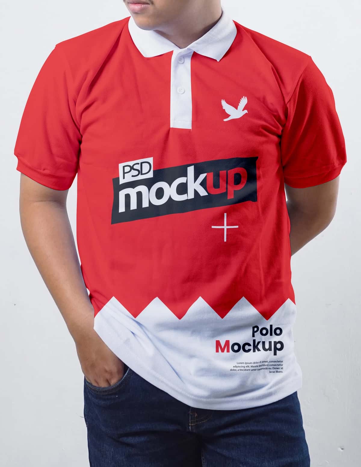 Oq yoqali dizayndagi qizil polo ko'ylak maketi | Red polo shirt mockup with white collar design 1