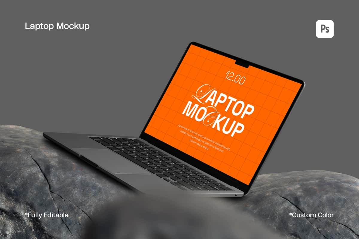 Haqiqiy noutbuk maketi tahrirlanadigan ekran ko'rinishini yaratadi | Realistic laptop mockup rocks editable screen display 1