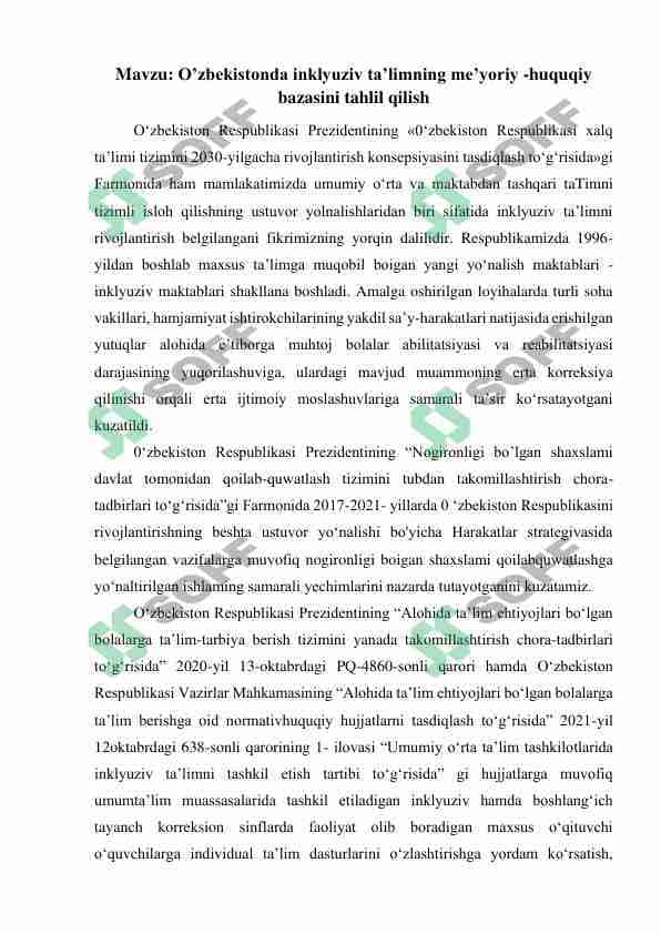 O’zbekistonda inklyuziv ta’limning me’yoriy -huquqiy bazasini tahlil qilish 1