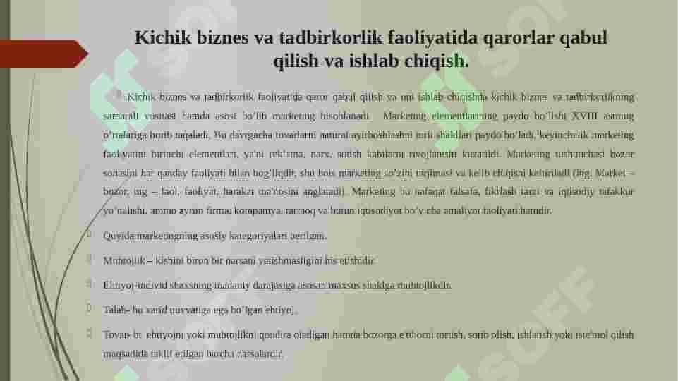 Kichik biznes va tadbirkorlik subyektlarida marketing faoliyatini tashkil etish. 3